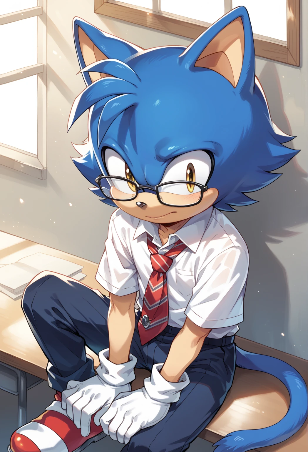 Male cat, ((Sonic character oc )), Male adult, ( Dark Blue fur in all body ), ( Light White inner ears ), (Alone), ( Short hair ), male School uniform, yellow Eyes, Glasses, Day time, ((mobian)), moebius school, (Fluffy Fur), Large cat Tail, Nerd guy, athletic body hidden under his clothes, 