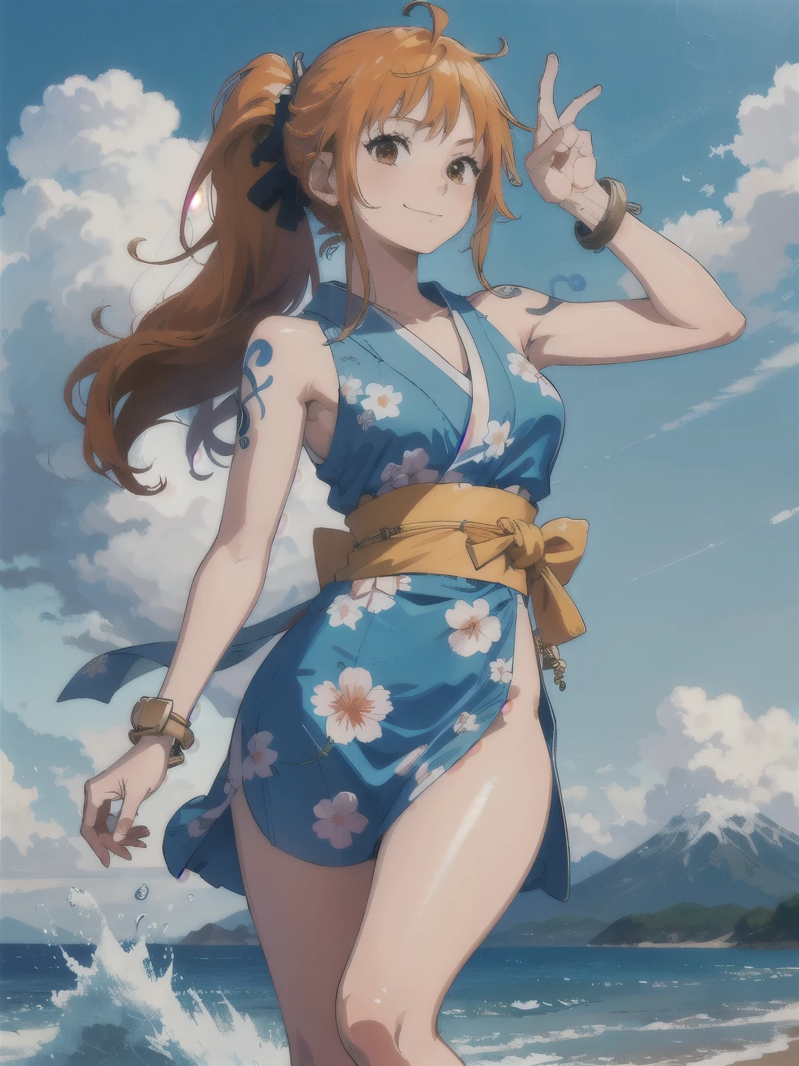 2D, masterpiece, best quality , anime, Highly detailed face , Highly detailed background , perfect lighting , Us, 1 , Alone, long hair, smile, joy, track, japanese clothes, Heart, orange hair, kimono, bow, light blue kimono, flower, flower print, toys, looking at the spectator , sleeveless kimono, ahoge, hair, hair bow, sky, is, bracelet, sleeveless, ;\), blue bow, outdoor, breasts, cloud, Closed mouth, ponytail , blue sky, brown eyes , orange eyes, Nami tattoo on left shoulder, bare shoulders, very long hair, sidelocks, fringe, collarbone, upper body , tattoo on left arm , bare arms, official alternative costume, blurry, hand gesture, alternative costume, medium breasts, blurry background, eyelashes, mountain, parody, cloudy sky, standing, shiny hair, bracelet, wavy hair,