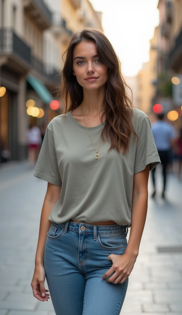 Masterpiece, beautiful italian, 40years old, Smiling (Monica Bellucci, Sophia Loren:0.5)), (Tight V-neck t-shirt and low-rise jeans), (Average Breasts,), (the perfect body), (short brown hair), exterior, (skin texture:1.1), Best Quality, extra high resolution, RAW photo, Nikon D850, back light, rimlight, bright sunlight, Film grain:1.2, (warm hue, warm tone:1.2), (Color photo)