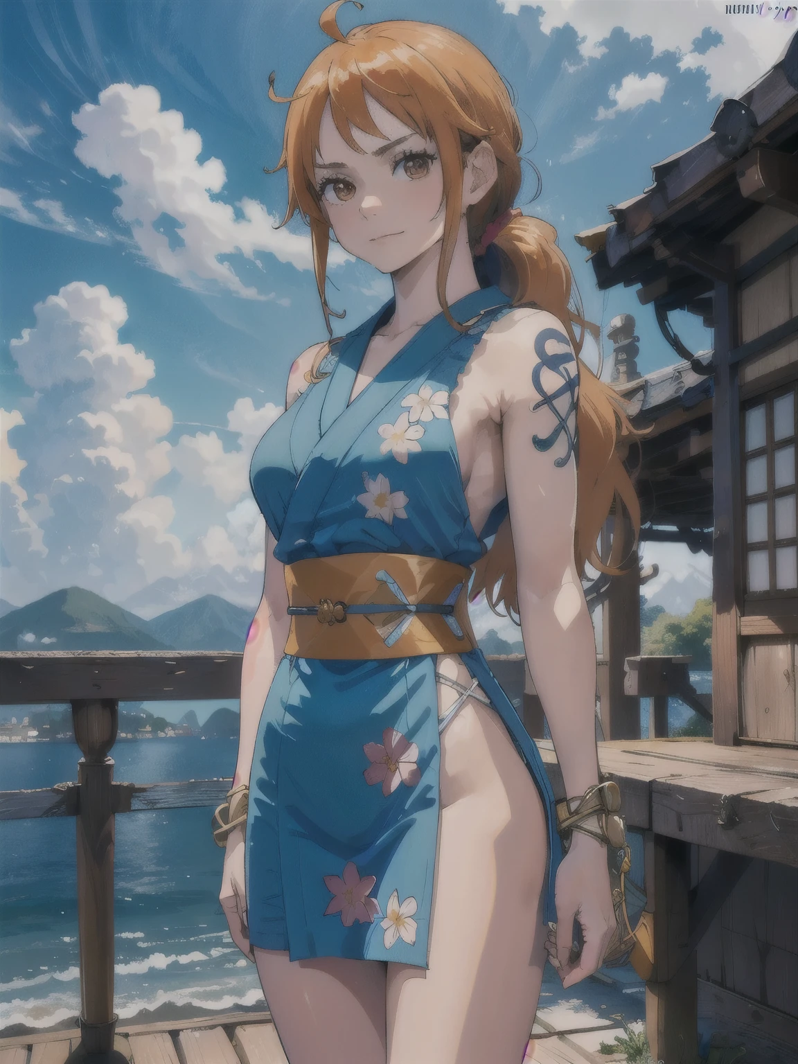 2D, masterpiece,  best quality , anime,  Highly detailed face ,  Highly detailed background ,  perfect lighting , Us, 1 , Alone,  long hair, smile, joy, track, japanese clothes, Heart, orange hair, kimono, mature face, bow, light blue kimono, flower, flower print, toys,  looking at the spectator , sleeveless kimono, ahoge, hair, hair bow, sky, is, bracelet, sleeveless, ;\), blue bow, outdoor, breasts, cloud, Closed mouth,  ponytail , blue sky,  brown eyes , orange eyes, Nami tattoo on left shoulder, bare shoulders, very  long hair, sidelocks, fringe, collarbone,  upper body ,  tattoo on left arm , bare arms, official  alternative costume, blurry, hand gesture,  alternative costume, medium breasts,  blurry background, eyelashes, mountain, parody, cloudy sky, standing, shiny hair, bracelet, wavy hair,
