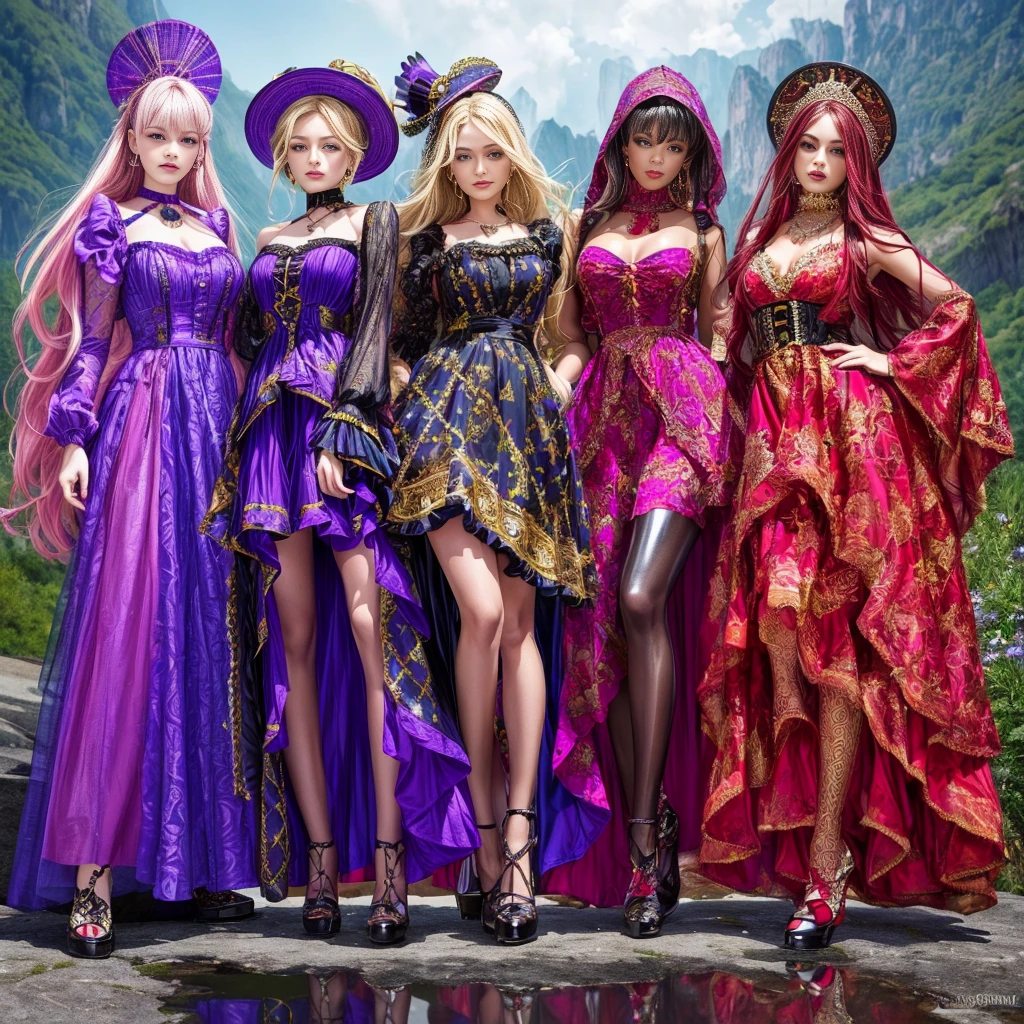 ((full body shot):1.5), a group of women,((vampire style):1.3), in elegant Classic Lolita Princess mini Dress,( high waisted short dress :1.2), ((Standing and posing on a steep cliff)), Bimbo,  (Muticolored:1.4), (Wear dresses of different colors:1.2),Mary Jane shoes , ornate and luxurious patterns and accessories, fashionable attire,( patterned colored pantyhose:1.3),( Full of patterns:1.3), highly detailed full body shot, posed gracefully, stand in a row, Wear a Headwear, (mixed monochrome:1.1), (GLOSSY refection collection:1.3),loraavril , hyper realistic, 8k, dramatic lighting, cinematic, fashion editorial, vogue magazine cover, rich color palette, elegant, glamorous，`