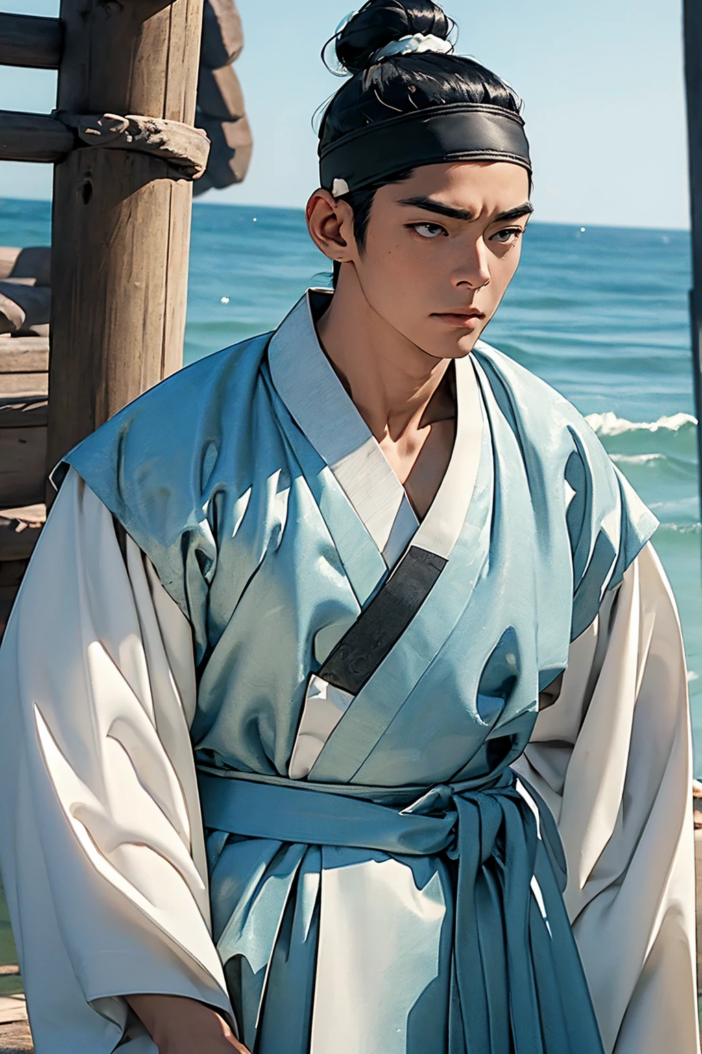 (absurdres, highres, masterpiece, best quality, ultra-realistic,ultra-detailed),(beautiful detailed face and eyes and hair:1.1),handsome,mature,asian man,tall and muscular,broad shoulders,black hair,black eyes,datailed face,topknot,see-through headband,white hanbok,sad,upper body, sea background