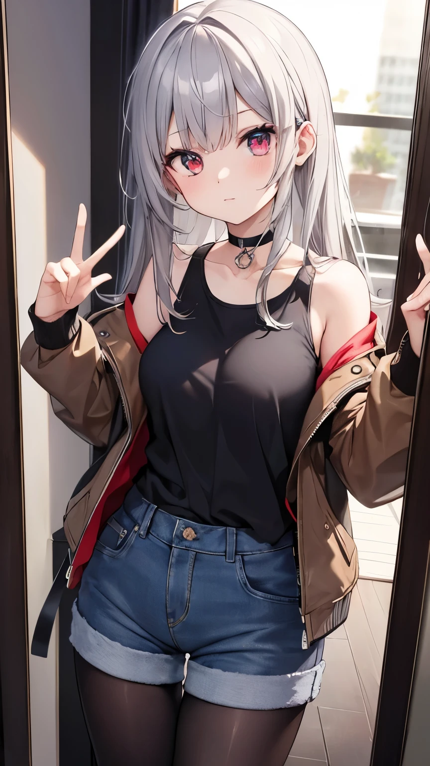 masterpiece, Highest quality, beautiful, high resolution, perfect anatomy, Beautiful gray hair、Beautiful red eyes、Longhaire、Tank tops、jeans shortpants、a choker、 black pantyhose, brown jacket, selfie style、selfee、piece、piece sign、 8K、a beauty girl、 Nice、 Beautiful hair、 Beautiful eyes、 Beautiful skin、Beautiful legs、Beautiful arms、Perfect fingers、 Very cute、 Very kawaii、