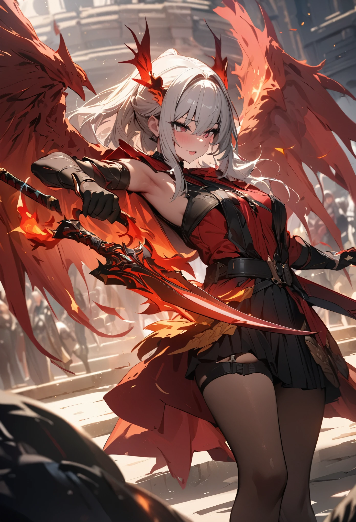Anime-style image of a woman with sword and armor, 2. 5D CGI Anime Fantasy Artwork, Anime Art壁紙 4K, Anime Art壁紙 4k, Best Anime 4K Konachan Wallpaper, Anime Art, Spectacular artwork of anime, Anime fantasy artwork, 4k anime wallpaper, Kshat Krentz Key Art Female、very short、Frilled Skirt、Pink ribbon panties visible、Pussy Juice 5,0、Long Hair、Silver Hair、Red ribbon、I can see your belly、Sword in right hand、red and black long sword、8 black wings、whole