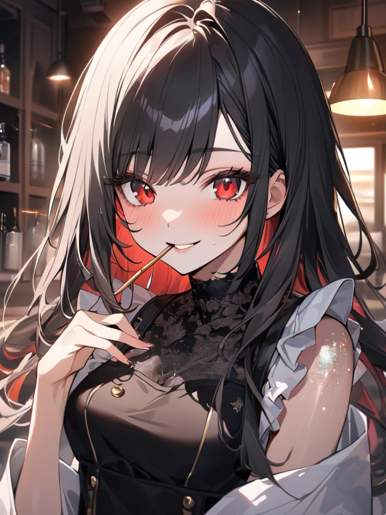 masterpiece, best quality, very aesthetic, absurdres, newest, 1girl, asymmetrical bangs, tareme, late twenties, black hair, red eyes, looking conflicted, smile, holding a glass of whiskey, dimly lit bar, empty bottles, blurred darkened bar scene, black hair, hair ornament, long sleeves, dress, bow, bare shoulders, jewelry, jacket, upper body, hair bow, hairband, earrings, open clothes, wings, hairclip, off shoulder, red bow, open jacket, black jacket, sideboob, demon wings, red hairband, red wings