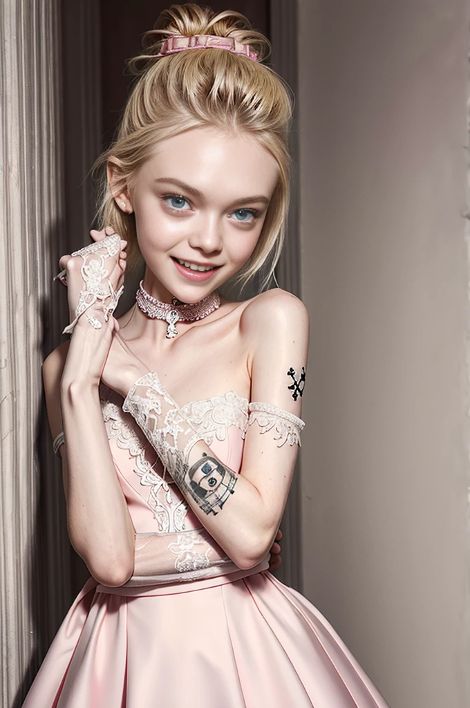 Super Skinny blonde Elle fanning, wearing pink wedding dress, she has a very long penis, she is grabbing her own penis, skull and crossbones tattoos all over her body, short hair tied up in a bun, screaming, smiling, her penis is huge, her penis is one meter long, choker