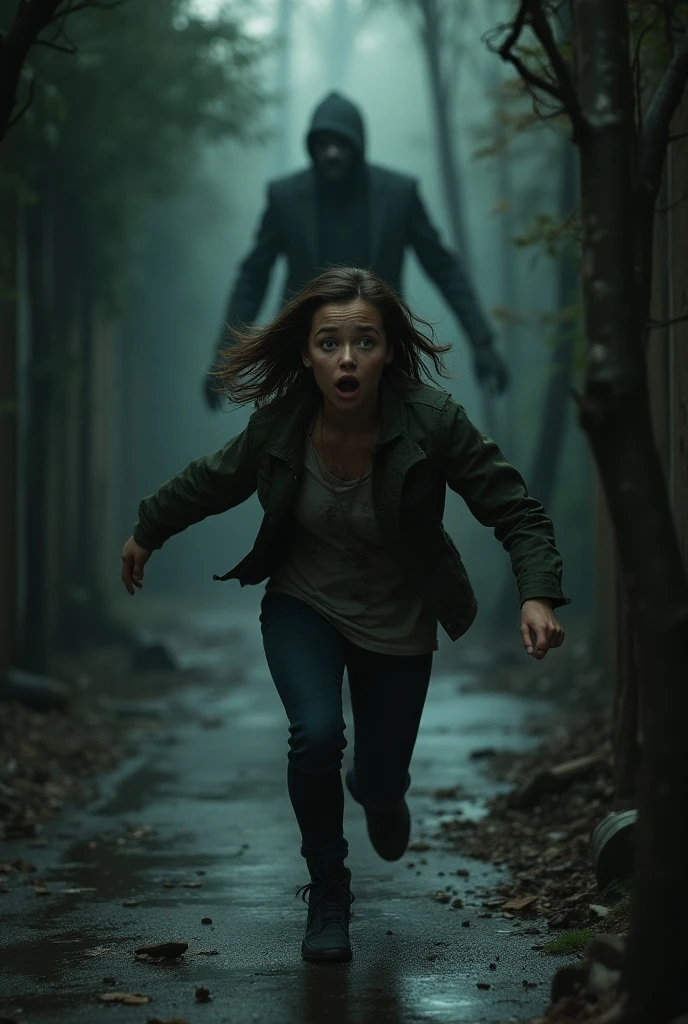 Black woman hair in a bun black hoodie black leather short shorts and a scary ugly witch standing behind her with its arms around her waist... she is scared. Location jungle backside view