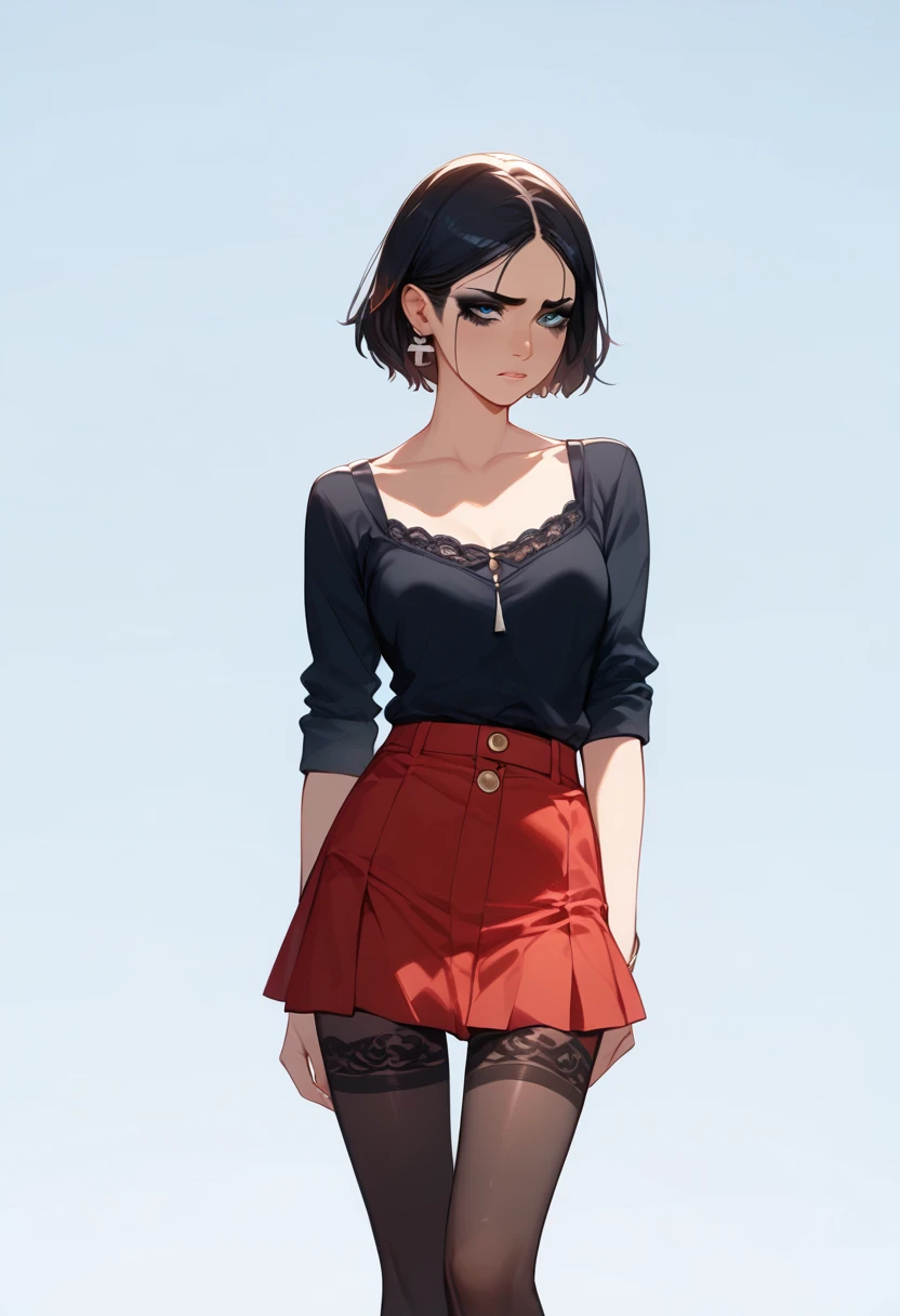    A girl with short hair is black  (( using aa camiseta preta com desenho da caveira)) , using a, (( short skirt )) ,   with black lace tights   , ((     all-black makeup   )) , Sad girl style  ,   in front of me 