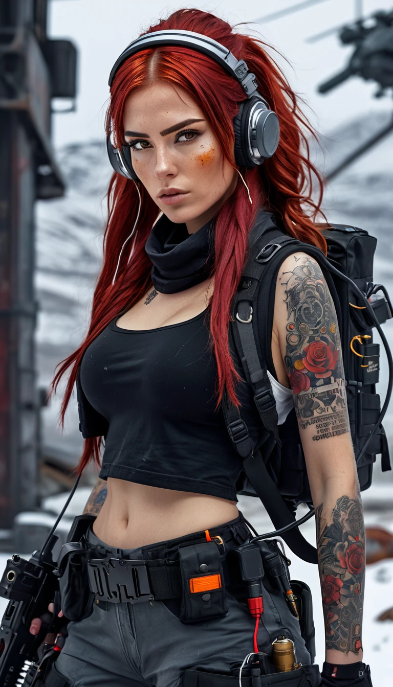  Full body from head to toe, post-apocalyptic, high resolution, 1 woman, Solo, (Detailed face), Tattoo on the face with the text "Athena", Red hair, Long hair closed in back , military Nurse outfit, red black clothe, Snow background, Girl aiming assault rifle, mechanical, Glowing Eyes, Metal surface lower both arm, Digital display, Streamlined Design , Colorful wires ,scarf rotate on head, long boots wit red roll, headset with antenna and headband medical sight, medical box in waist, stethoscope, (The medical very small box including electric shock and automatic atropine should be mechanically designed on the clothes ,along with the power generator in the backpack for the shock device. very detail and mechanical).