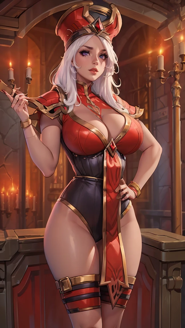 ((masterpiece)), ((best quality)), (detailed), ultra detailed, 8k, photo realistic, perfect, solo, Sally Whitemane, gorgeous woman, spaghetti string blouse, long hair, white hair, huge breast, deep cleavage, huge breasts, Sexy body