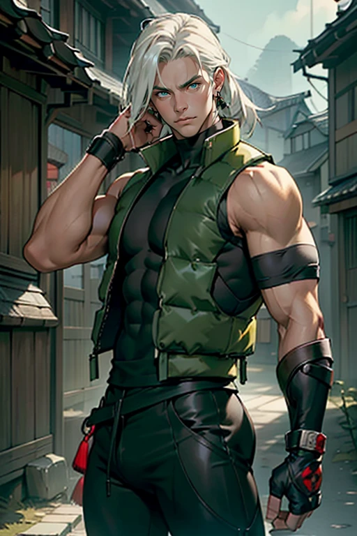 Highest accuracy,Muscular man wearing only camouflage pants,Stand on the side,Shirtless,Lower body erection,Lower body details,Thick pubic hair,Handsome face,Short white hair,Holding a big knife with a sense of technology in his hand,The background is a broken city,The background is rich in detail,Wasteland wind