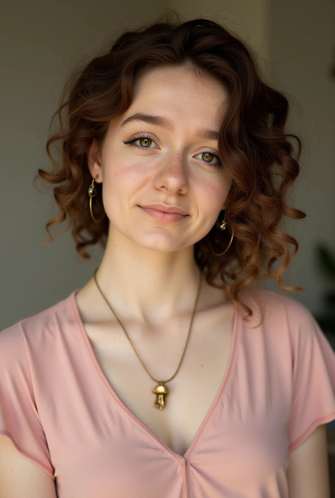 The image is a photograph of a young woman with curly, light brown hair styled in loose waves. She has a light complexion with a slight freckled appearance, and she is smiling gently at the camera. She is wearing a soft pink, short-sleeved blouse with a V-neckline. Around her neck, she has a delicate gold necklace with a pendant that resembles a small, stylized mushroom, featuring a vibrant, colorful cap with a pink base and yellow and orange accents.