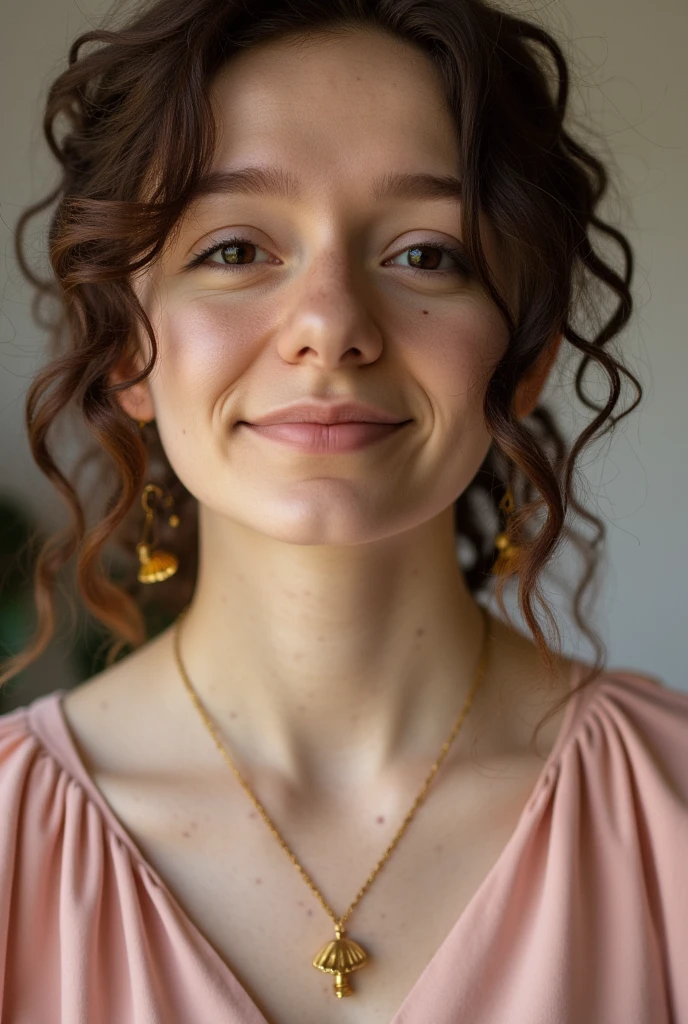 The image is a photograph of a young woman with curly, light brown hair styled in loose waves. She has a light complexion with a slight freckled appearance, and she is smiling gently at the camera. She is wearing a soft pink, short-sleeved blouse with a V-neckline. Around her neck, she has a delicate gold necklace with a pendant that resembles a small, stylized mushroom, featuring a vibrant, colorful cap with a pink base and yellow and orange accents.