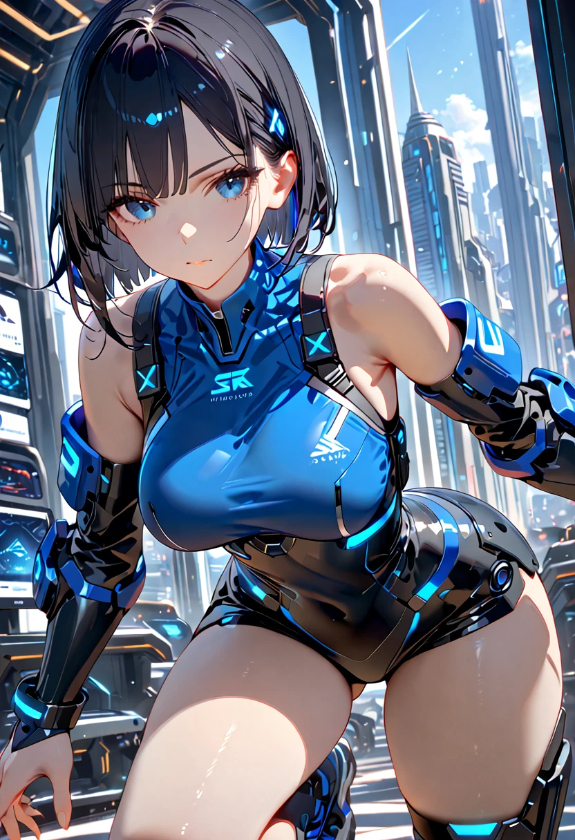 Best Quality, masterpieceUltra HD, 8k,SF，サイバーブルースーツを着たwoman，Black Hair，青 eyes，Shortcuts, Best Quality,High resolution, Ultra HD, blue eyes、小さい胸