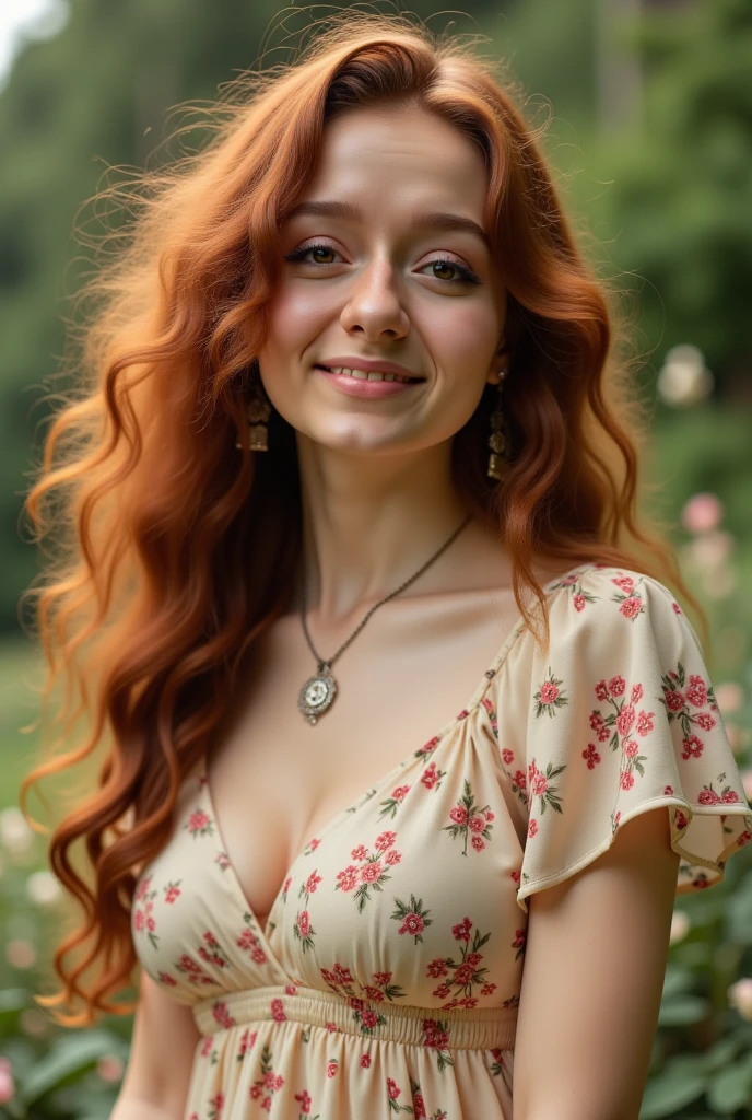 The image is a photograph of a young woman with a light skin tone and long, curly, reddish-brown hair cascading over her shoulders. She has a gentle, slightly smiling expression on her face. She is wearing a light-colored, short-sleeved dress adorned with a floral pattern featuring small red, pink, and green flowers. The dress has a modest neckline, revealing a hint of cleavage. She has a small pendant necklace with a circular pendant around her neck.