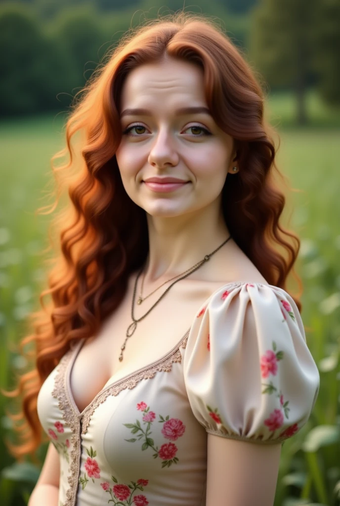 The image is a photograph of a young woman with a light skin tone and long, curly, reddish-brown hair cascading over her shoulders. She has a gentle, slightly smiling expression on her face. She is wearing a light-colored, short-sleeved dress adorned with a floral pattern featuring small red, pink, and green flowers. The dress has a modest neckline, revealing a hint of cleavage. She has a small pendant necklace with a circular pendant around her neck.