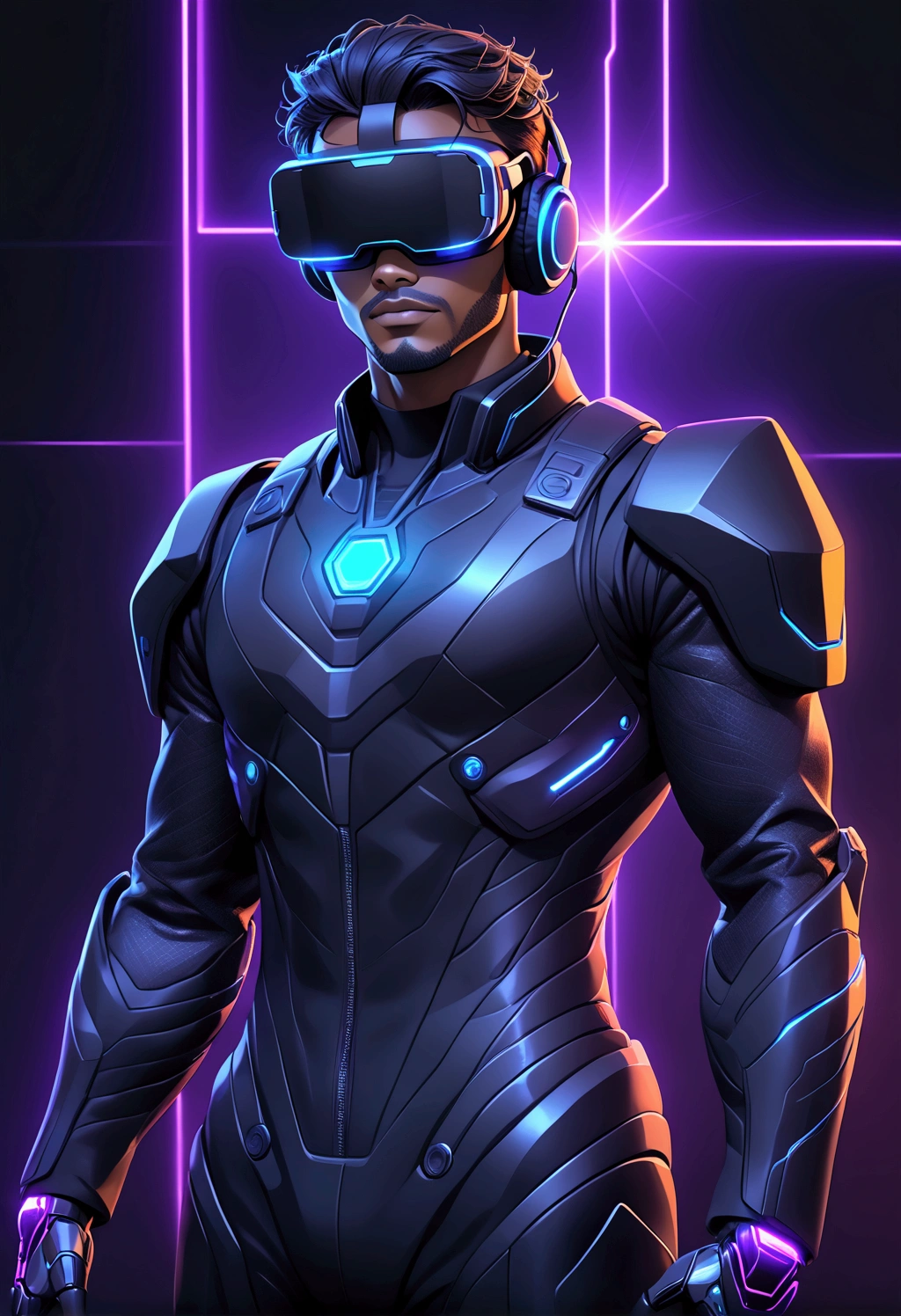 (((general plan))), (a man from the future with synthwave style cybernetic), cyber punk bionic, ((a futuristic black body-hugging fabric suit)), (using a virtual reality glasses black color visor), (using headphones), Background with neon and LED light rays, orange lights, with very realistic textures and colors, minimalist, futuristic, black background with dark blue and purple gradient and energy