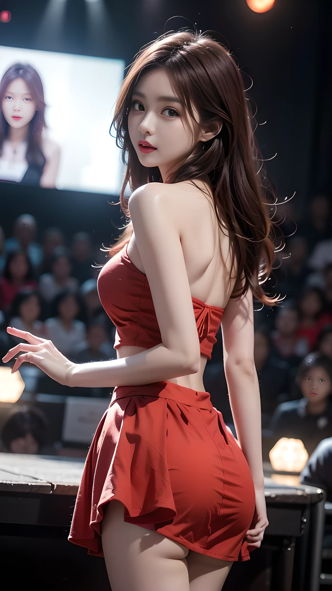 ulzzang-6500-v1.1, (RAW photo: 1.2), (Real photo), (Real photo: 1.4), 1 girl、Perfect anatomy、1、Looking at the camera、from behind, Medium length hair、flared skirt, ((performing on stage: 1.1))、(Business service)、Asian eyes Ella,