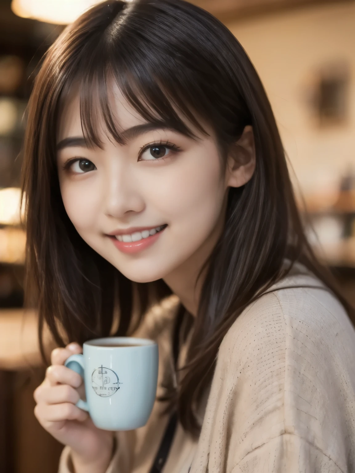 8k、Best Quality、Ultra Wide Angle Monofocal Lens 、(Representative Works:1.2)、( real)、( real:1.37)、One high school girl、Shake your hands with a big smile、 beautiful alignment of teeth、I'm putting my hand down、Coffee shop、HDR、(Cute Winter Clothes)、 perfect body 、Gravure photoshoot、Perfect Fingers、Beautiful Skin、Professional Lighting、Face and skin detail、Microparticles、 RAW Photos