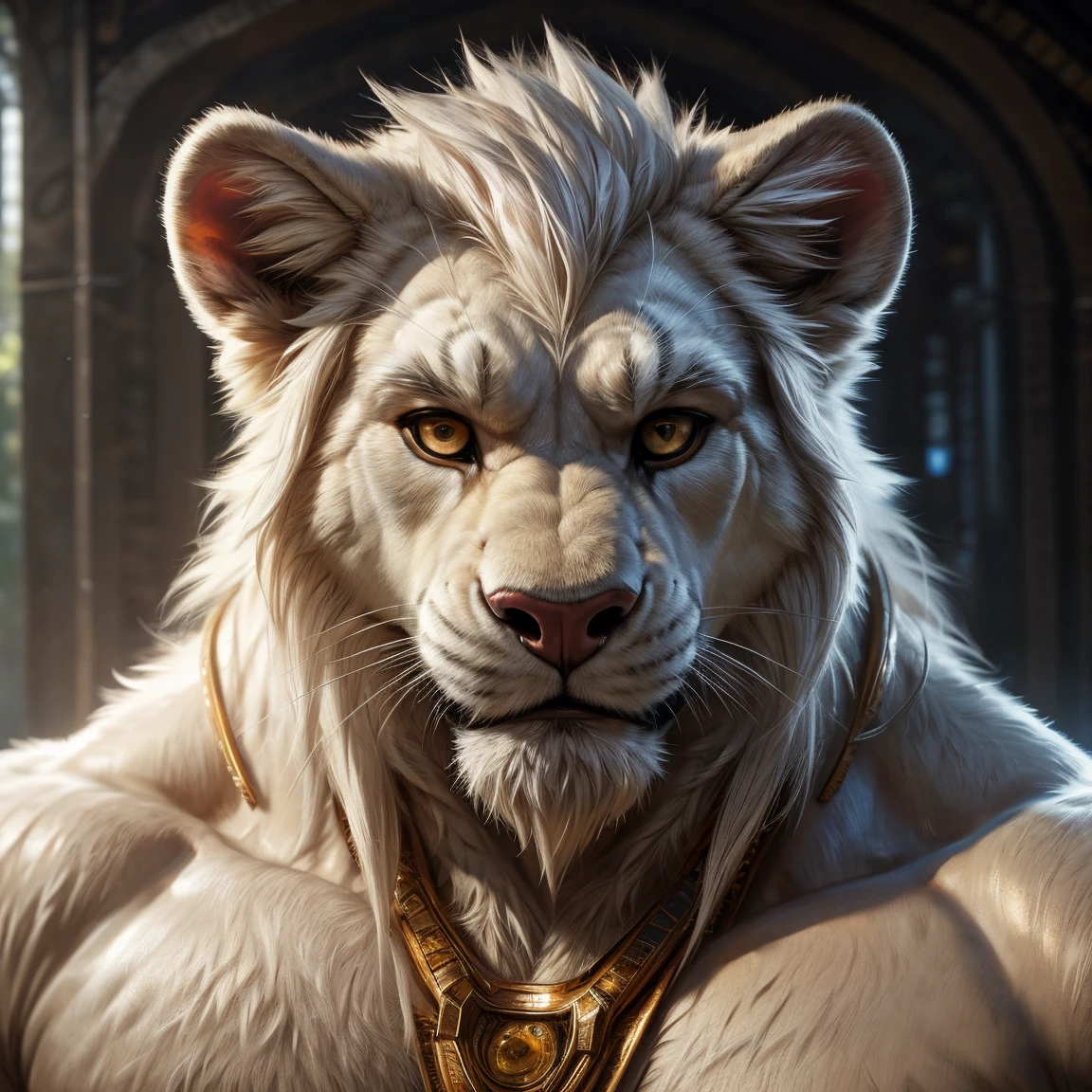 masterpiece, best anatomy, best quality, male, solo, white lion, full body, beefy, Muscle, Delicate face, Delicate eyes, realistic, masterpiece, highest quality, unreal engine, trending on ArtStation, Intricate, Ultra High Detail, dramatic, realism, realistic, sitting, bara, muscle, furry, day, bed, looking_at_viewer, ultra detailed eyes, ultra detailed body, ultra detailed face, bright room, expressive, masculine, devilish smirk) white fur, white body, gold eyes, 8k HD, hdr, (by null-ghost,by darkgem,by pino daeni,by zoroj, by redrusker), (furry art, soft shading:1.1), masterpiece, white mane, erection, thick cock, large cock, ultra detailed cock, ultra detailed balls,