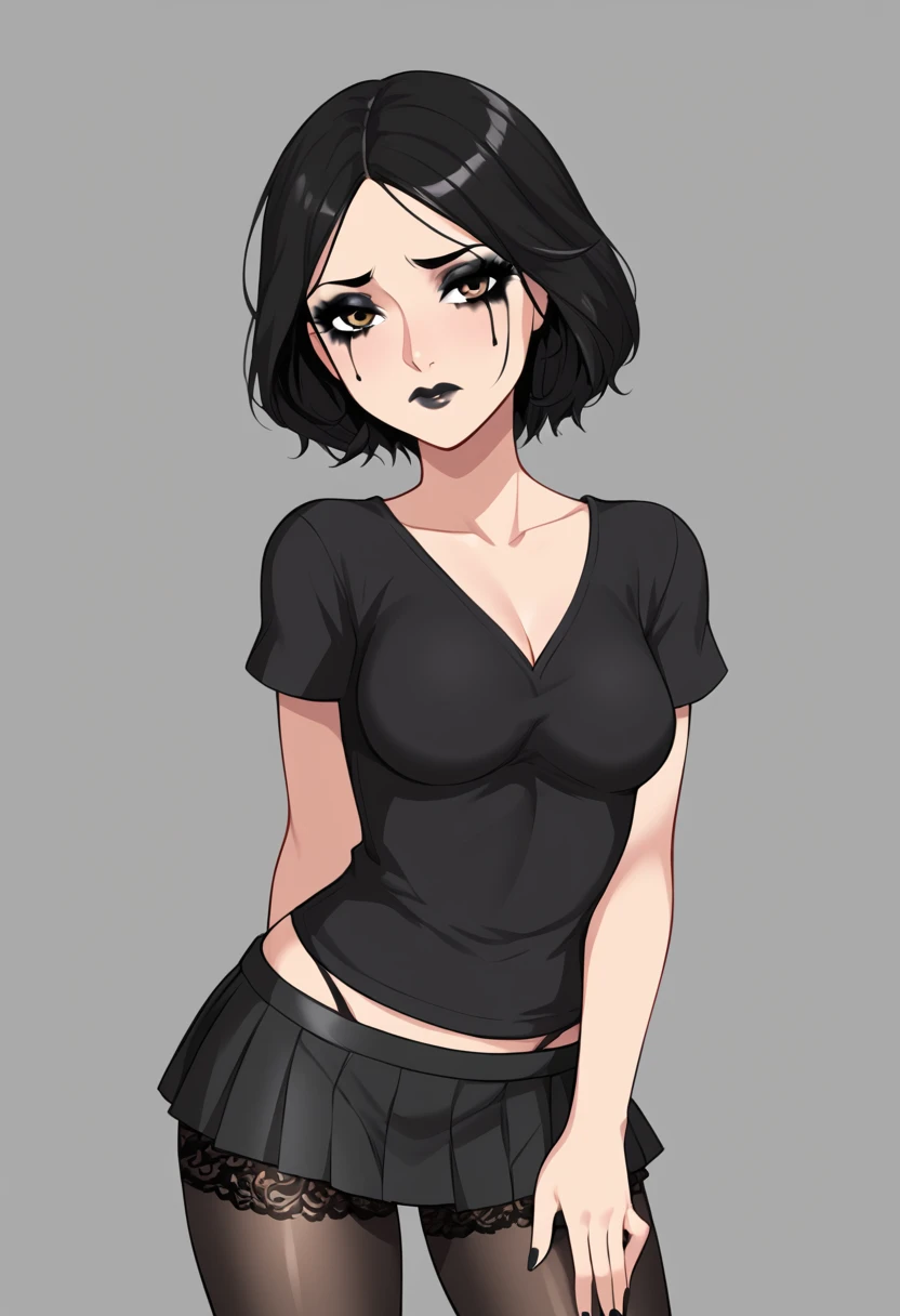    A girl with short hair is black  (( using aa camiseta preta com desenho da caveira)) , using a, (( short skirt )) ,   with black lace tights   , ((     all-black makeup   )) , Sad girl style  ,   in front of me 