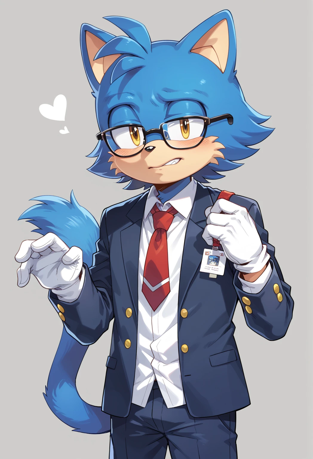 male cat, (( Sonic character oc  )), male, (  Dark Blue fur in all body  ), (  Light White inner ears  ), (alone), (  Short Hair  ),  male School uniform , Yellow Eyes, glasses, day time, ((mobian)),  moebius school , ( Fluffy Fur ),  Large cat Tail ,  Nerd guy ,  hidden under his clothes , shy boy, reserved,  they usually annoy him and bully , typical  " school loser "  but he has a big heart , friendly,  in Secrecy has he been training boxing,  so he has an athletic body ,  but he hides it under his clothes ,  he really likes video games 