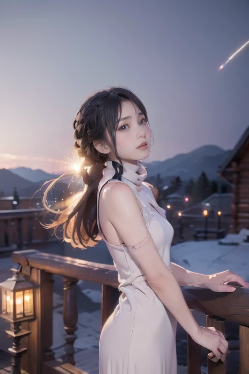 Capture a stunning night portrait of a woman at a cozy mountain lodge under a breathtaking starry sky with a bright comet and meteor shower. The model, dressed in a flowing, earth-toned or white maxi dress, stands on the lodge's wooden deck with a gentle mountain backdrop. She is wrapped in a soft shawl or scarf, looking up at the sky as if admiring the beauty above, with a clear view of a large, radiant comet streaking across the sky nearby. Use a wide aperture (f/2.8) to highlight the stars, comet, and meteors, allowing soft light to illuminate her face. Position her slightly to the side of the frame, with the starry sky, comet, and meteors taking up most of the background for a grand, atmospheric feel. Incorporate natural lines, like the mountain silhouette or a wooden railing, to guide the eye toward her. Adjust exposure settings to capture the comet’s tail and meteor trails without blurring the subject. The result should be a magical, awe-inspiring portrait that blends the beauty of the model and the vastness of the night sky.