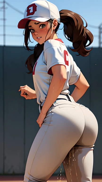 adult woman, Baseball player, catchet, White uniform, baseball cap, brown braids hair, curvy, thin waist, catching the ball, hands in the air, crotch visible, peeing self, wetting self, pee flowing into her pants, glistening pee stain on crotch, pee flowing from her crotch down her legs, ((backside view))