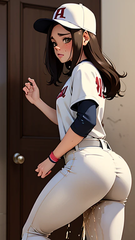 adult woman, Baseball player, catchet, White uniform, baseball cap, brown braids hair, curvy, thin waist, catching the ball, hands in the air, crotch visible, peeing self, wetting self, pee flowing into her pants, glistening pee stain on crotch, pee flowing from her crotch down her legs, ((backside view))