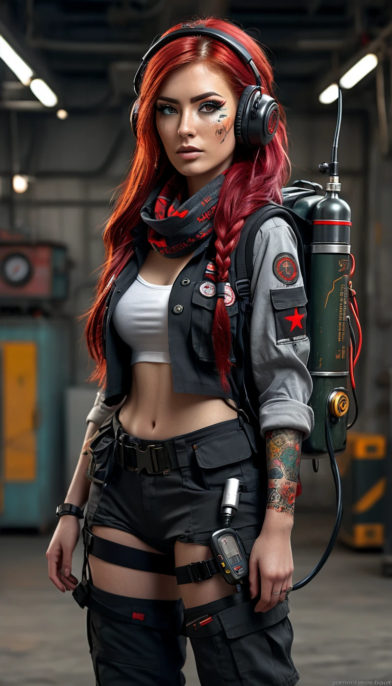  Full body from head to toe, post-apocalyptic, high resolution, 1 woman, Solo, (Detailed face), Tattoo on the face with the text "Athena", Red hair, Long hair closed in back , military Nurse outfit, red black clothe, mechanical, Glowing Eyes, Metal surface lower both arm, Digital display, Streamlined Design , Colorful wires ,scarf rotate on head, long boots wit red roll, headset with antenna and headband medical sight, medical box in waist, stethoscope, (The medical very small box including electric shock and automatic atropine should be mechanically designed on the clothes ,along with the power generator in the backpack for the shock device. very detail and mechanical).