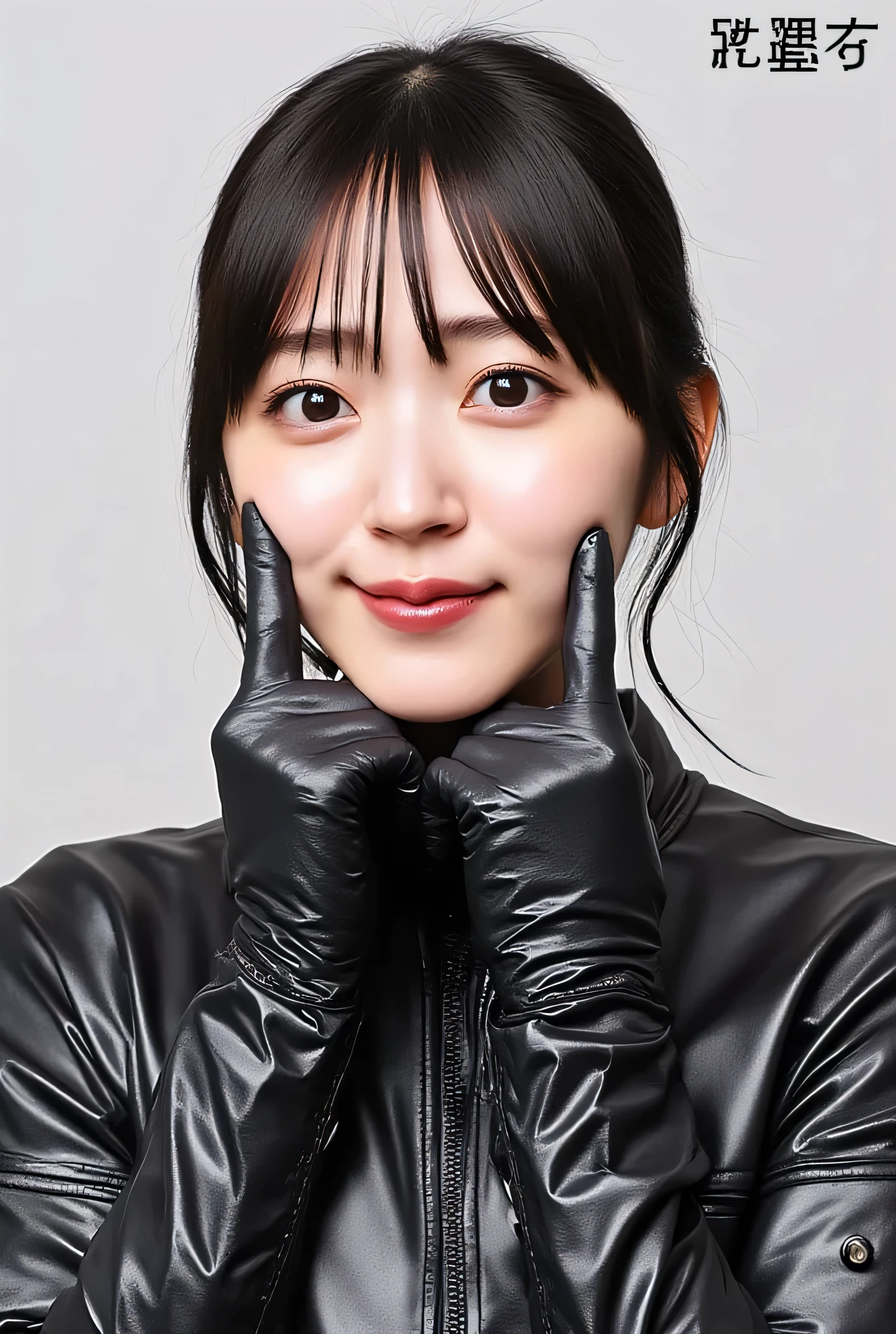   black leather jacket ,  background ,  background , Black leather gloves on the fingertips of both hands,、 Wearing a black leather chest harness ,  Japanese new product woman  (  Black leather gloves covering both hands  ) (The angle is horizontal)、  Black leather skinny pants  ,  Black leather skinny pants  ,  Black leather skinny pants  、Black long leather boots on both feet、 black hair short, wavy hair in front of the station, (( Wearing black leather gloves on both hands ))Full body image,   Full body shot full body leather suit  ,If you turn in this direction 、 Wearing a black leather chest harness ,、 Wearing a black leather chest harness ,、 Wearing a black leather chest harness ,、 Wearing a black leather chest harness ,、 Wearing a black leather chest harness ,、 Wearing a black leather chest harness , Standing full body photo , A very beautiful woman is looking at me ,  detailed writing,Female Best Image Quality、   super high resolution、(  realism:1.4)、Japanese beauty star、The most beautiful star、face、 sexy makeup 、 A body that makes you want to touch it 、Realistic Leather Texture  、 Clothes made of smooth leather fabric 、  Curved leather drape  、The costume has a strong shine、Quality of the costume、8K High Resolution