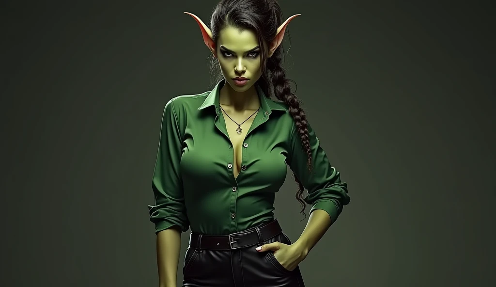 Beautiful Evil Muscular bodybuilder, green satin button blouse, evil expression, big breasts, cleavage, tight braided ponytail, big forehead, big long ears, dark makeup