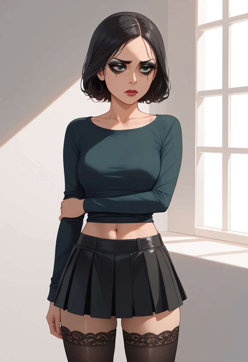    A girl with short hair is black  (( using aa camiseta preta com desenho da caveira)) , using a, (( short skirt )) ,   with black lace tights   , ((     all-black makeup   )) , Sad girl style   .