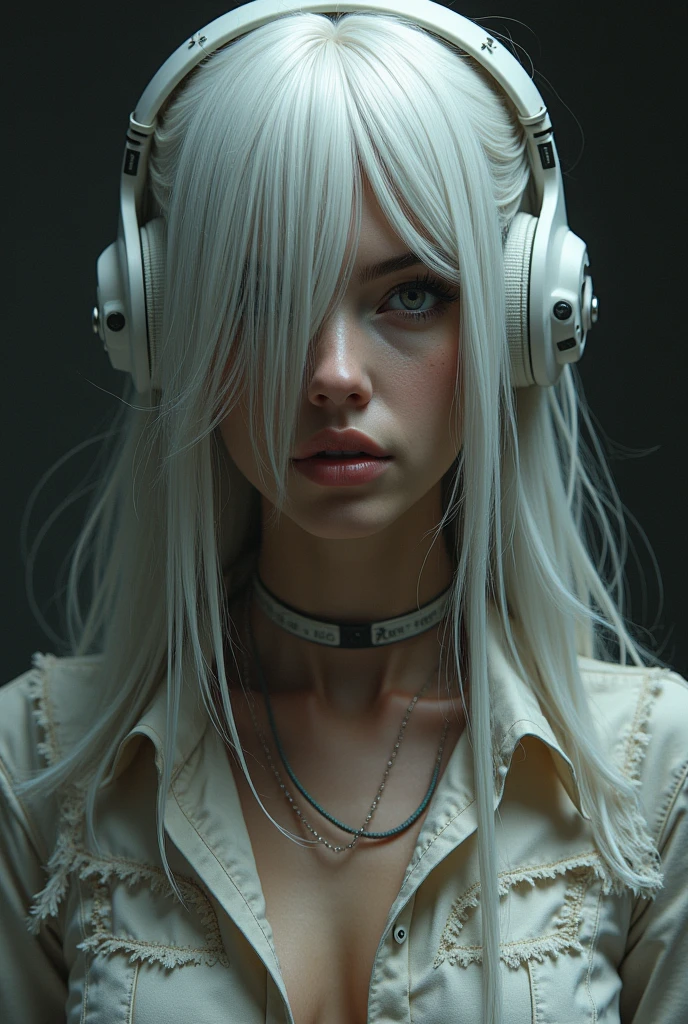 blond woman with headphones on looking at camera in front of a dress, her hair is white, twitch streamer, wearing cybernetic bunny ears, her hair is silver, bleached, her face looks like an orchid, perfect white haired girl, one girl has white hair, girl with white hair, emma bot queen, very very pale blond hair, wearing a gaming headset