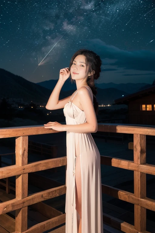 Capture a stunning night portrait of a woman at a cozy mountain lodge under a breathtaking starry sky with a bright comet and meteor shower. The model, dressed in a flowing, earth-toned or white maxi dress, stands on the lodge's wooden deck with a gentle mountain backdrop. She is wrapped in a soft shawl or scarf, looking up at the sky as if admiring the beauty above, with a clear view of a large, radiant comet streaking across the sky nearby. Use a wide aperture (f/2.8) to highlight the stars, comet, and meteors, allowing soft light to illuminate her face. Position her slightly to the side of the frame, with the starry sky, comet, and meteors taking up most of the background for a grand, atmospheric feel. Incorporate natural lines, like the mountain silhouette or a wooden railing, to guide the eye toward her. Adjust exposure settings to capture the comet’s tail and meteor trails without blurring the subject. The result should be a magical, awe-inspiring portrait that blends the beauty of the model and the vastness of the night sky.