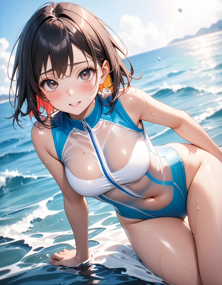 ((Top Quality)), ((Masterpiece)), ((Details)), perfect face, perfect body, sitting by the beach, listening to music, wearing headphones, wearing swimsuit, transparent swimsuit, wearing clothes exposing tight hips and breasts Woman with face visible, sitting with legs apart