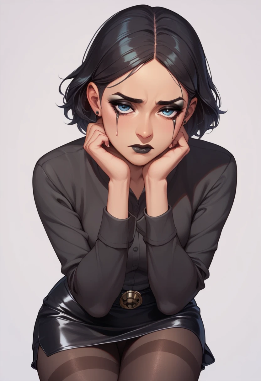    A girl with short hair is black  (( using aa camiseta preta com desenho da caveira)) , using a, (( short skirt )) ,   with black lace tights   , ((     all-black makeup   )) , Sad girl style  ,   in front of me 