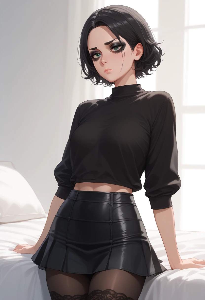    A girl with short hair is black  (( using aa camiseta preta com desenho da caveira)) , using a, (( short skirt )) ,   with black lace tights   , ((     all-black makeup   )) , Sad girl style   .