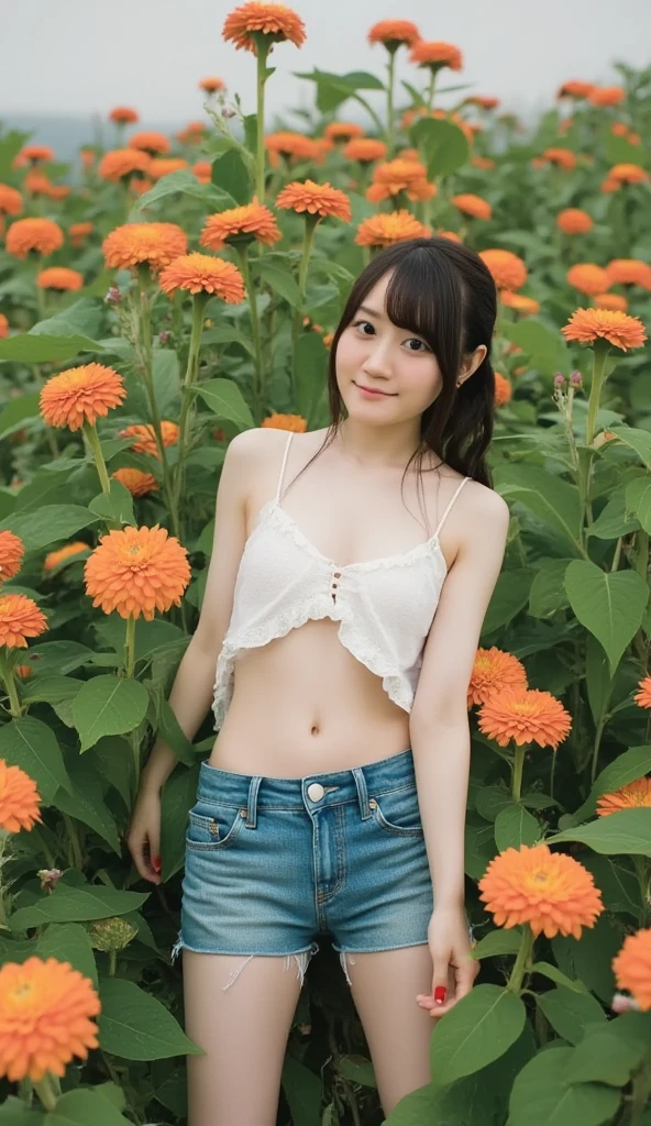 (((Background is a flower field:1.5))),Composition  ,(((Lying on your back:1.4))),High image quality, 32K,  extremely accurate anatomy, masterpiece, Realistic,  very detailed,   photo volume release ,  Hi-Res, ((Lying in a field of flowers:1.4, look up , cute hairstyle  )),  Smoother Light  ,  OFFICIAL ART,  written border depth ,  bright light,   Detailed Face , ((smile:2.3)), Eye-pleasing details, Real textured skin,(((open chest blouse :1.5))),A woman surrounded by flowers

