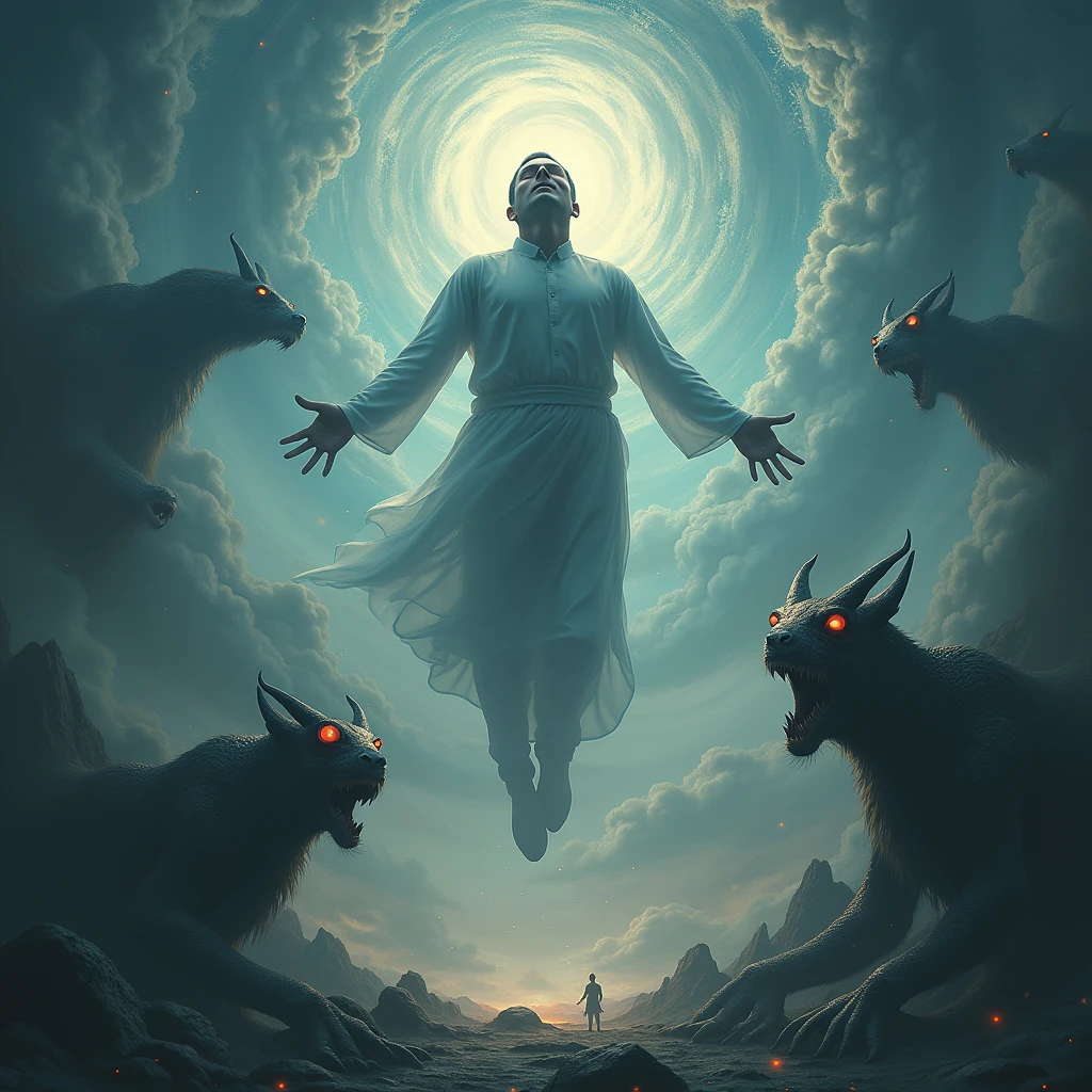 "Create a dramatic image of a Christian individual bathed in light confronting a dark, shadowy demon. The person should be depicted with a radiant, divine light emanating from them, symbolizing their faith and spiritual strength. They should be shown in a stance of courage, with an expression of determination and faith. The demon, in contrast, should be a dark, menacing figure with a spectral appearance, shrouded in shadows and exuding an aura of malevolence. The setting should enhance the contrast between light and darkness, such as a dark, foreboding landscape or an ominous cavern. The light surrounding the Christian individual should pierce through the darkness, symbolizing the triumph of faith over evil."