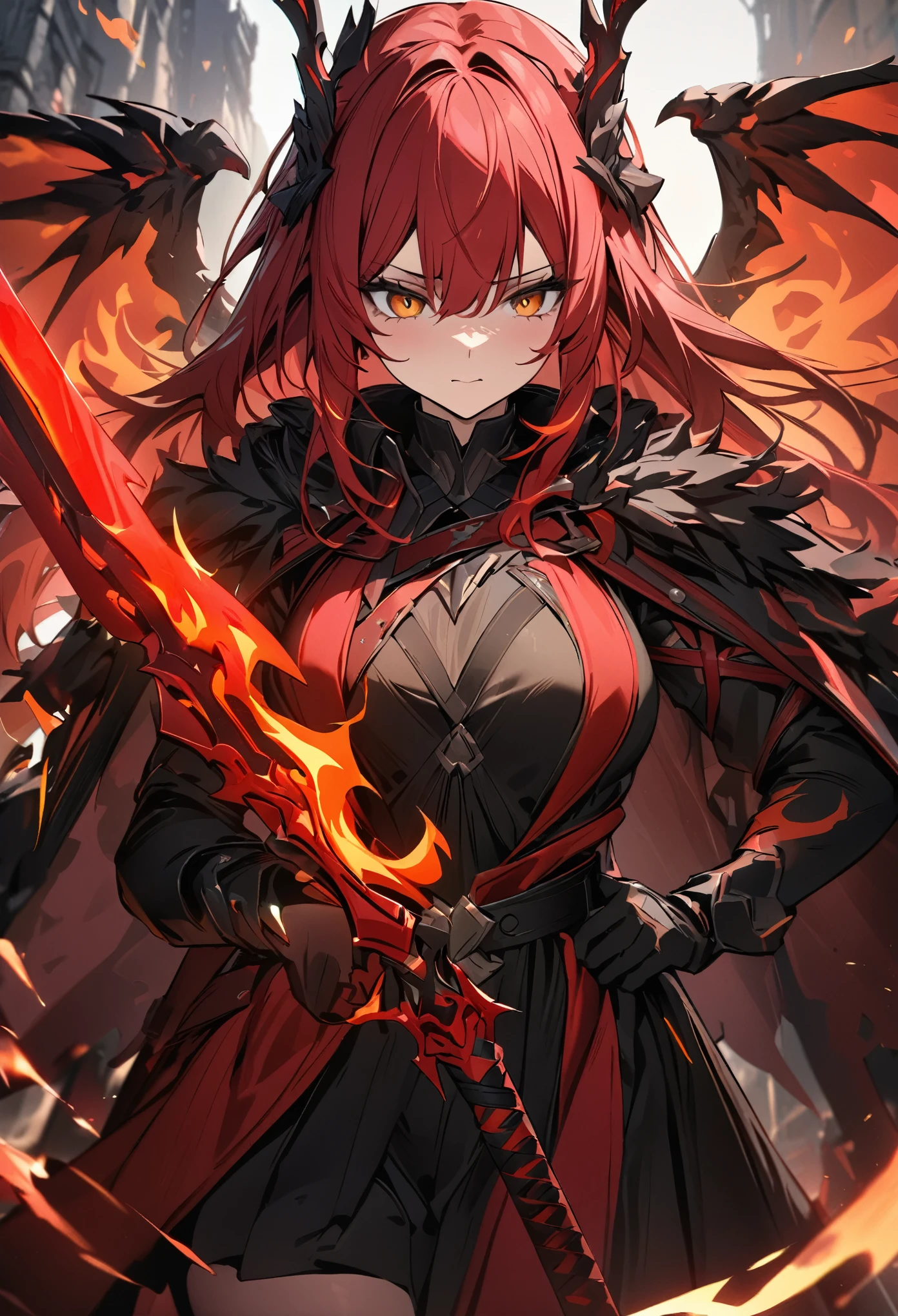 (masterpiece, best quality:1.2,UHD,High Resolution、Detailed depiction)、 one girl playing pranks、Red Hair、Black inner color、Incarnation of Fire 、Wings of Fire、 sword with a red sword and a black blade、The sword is wearing fire