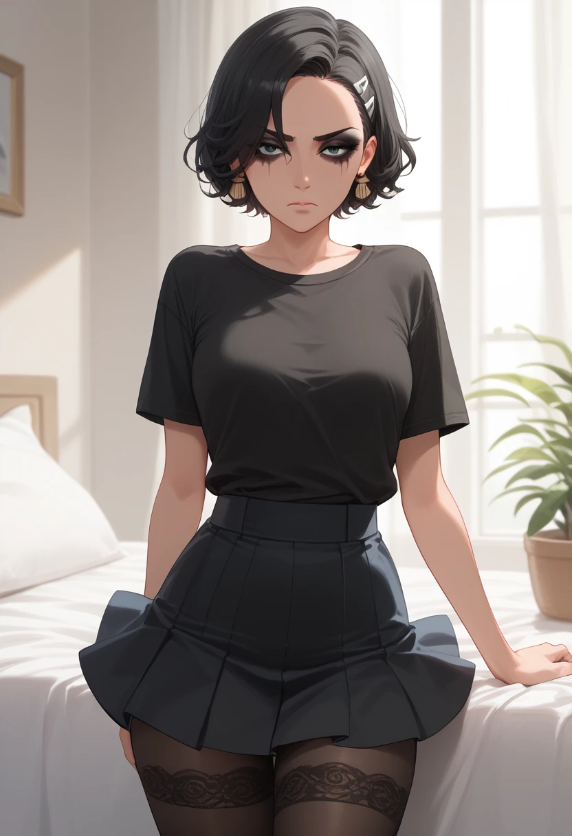    A girl with short hair is black  (( using aa camiseta preta com desenho da caveira)) , using a, (( short skirt )) ,   with black lace tights   , ((     all-black makeup   )) , Sad girl style   ., using aa máscara sinistra.