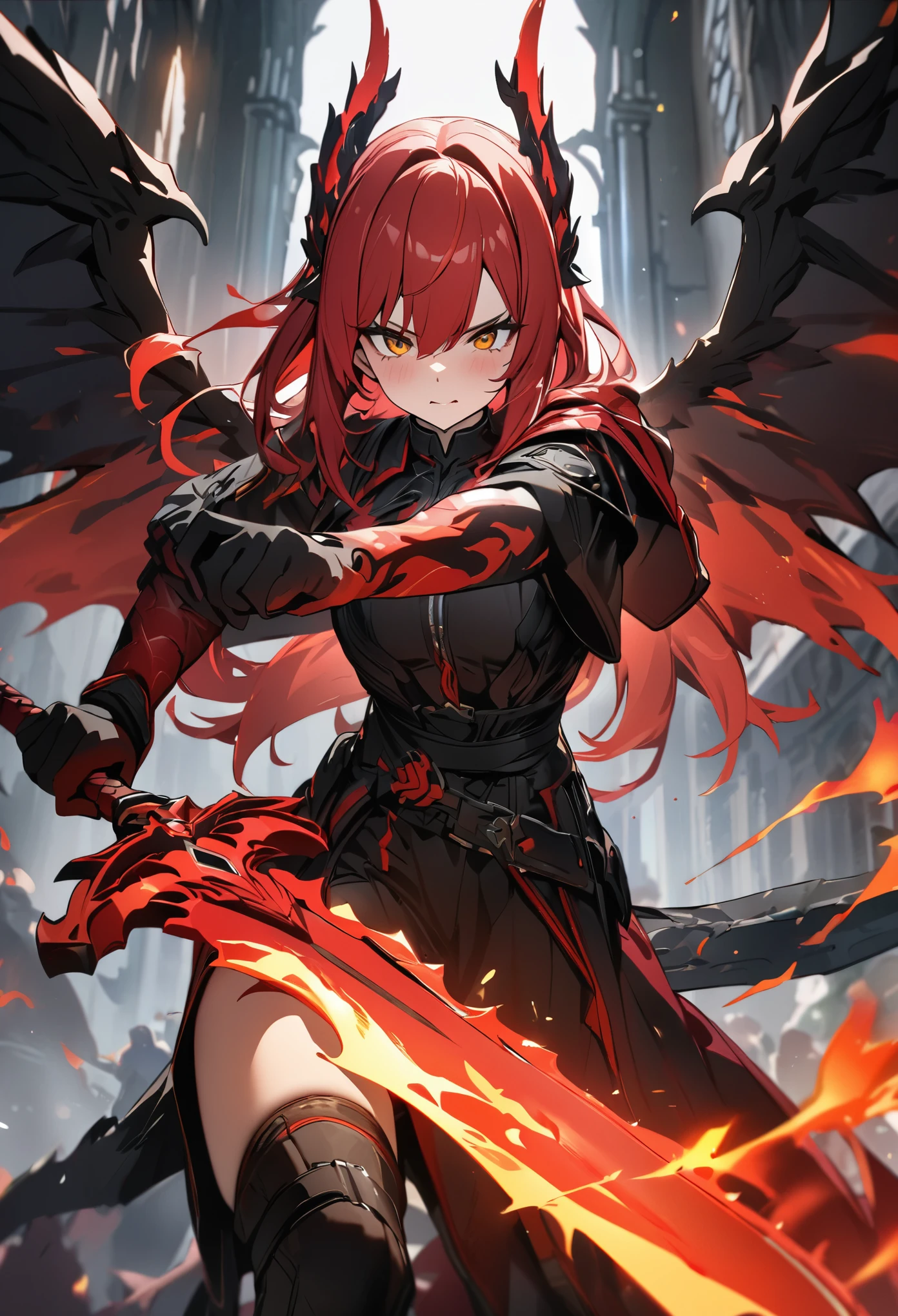 (masterpiece,  best quality:1.2,UHD,High Resolution、Detailed depiction)、 one girl playing pranks、Red Hair、Black inner color、Incarnation of Fire 、Wings of Fire、 has a red sword and the blade is black、The sword is wearing fire 