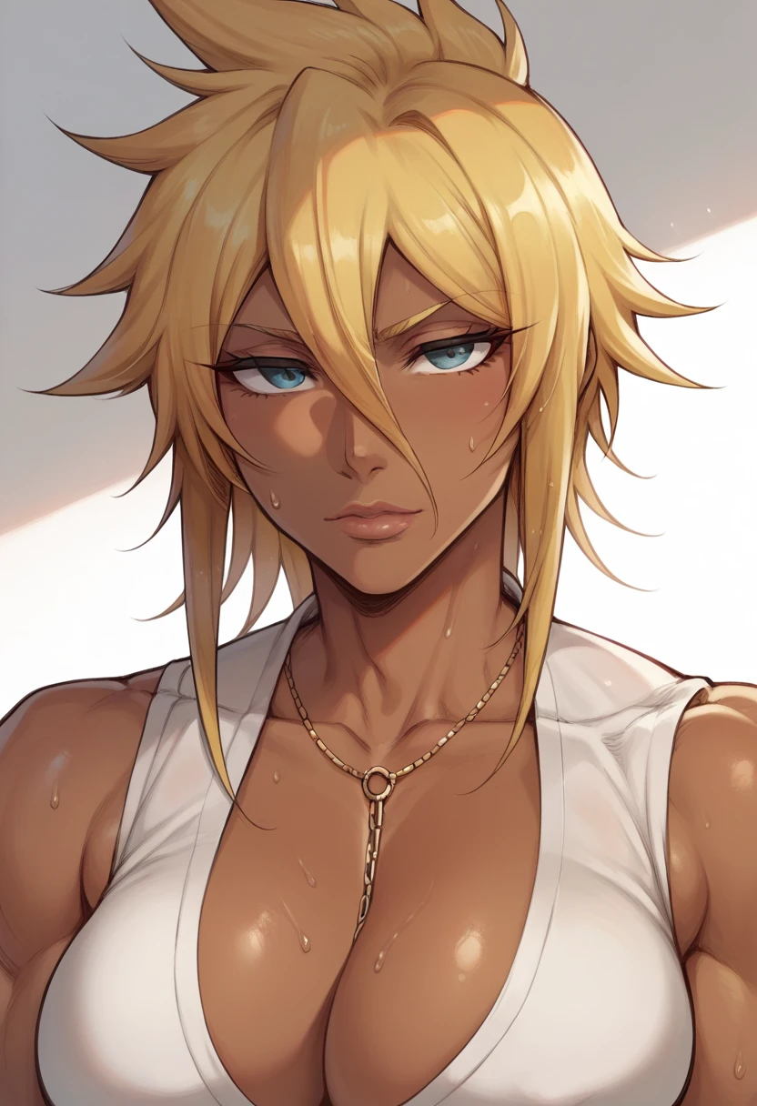 Tia Harribel from bleach, blonde, dark skin female, Milf, mature female, perfectly drawn face, perfect face, perfect lighting, sexy lips, sexy female, muscular, closed mouth, thicc، cleavage, breasts, large breasts, sweat, 