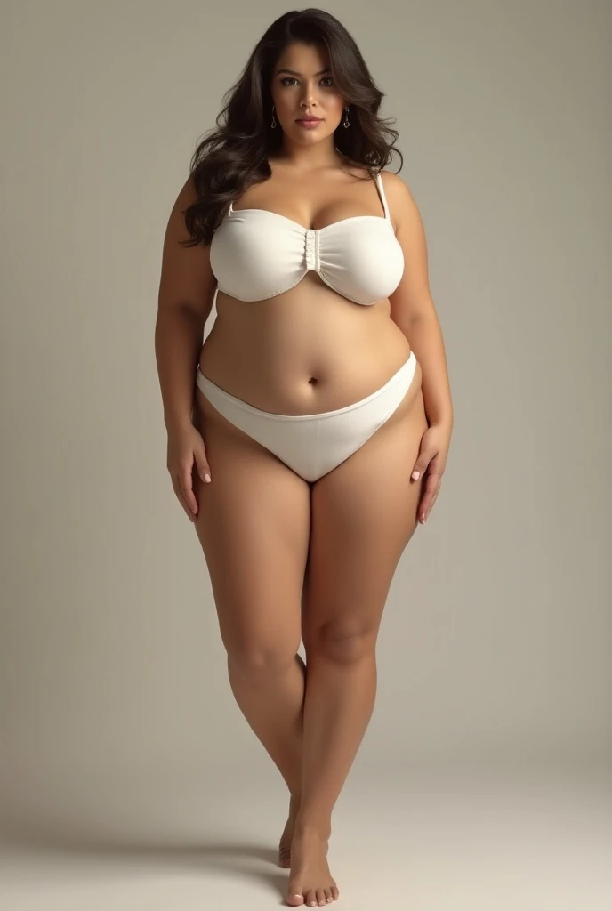 araffe woman in a white bra and micro panties posing for a picture, a 3D render inspired by Rob Liefeld, tumblr, hyperrealism, thicc, thick body, thicc build, thick thigs, large thighs, hyperrealistic full figure, exaggeratedly large physique, massive legs towering over you, thick, beautiful thick female, powerful and huge