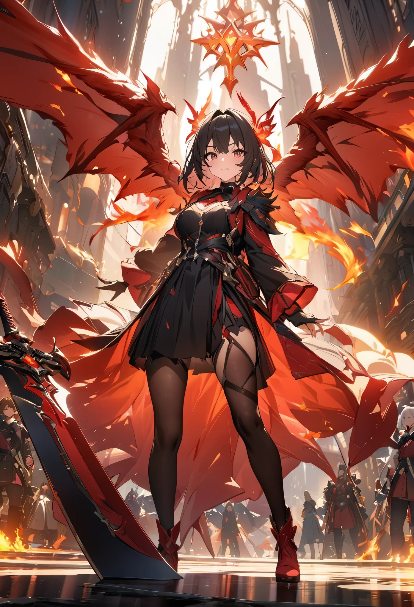 (masterpiece, best quality:1.2,UHD,High Resolution、Detailed depiction)、 one girl playing pranks、Incarnation of Fire 、Wings of Fire、 has a red sword and the blade is black、 k shelf has a 、Dazzling lights are scattered around、Big Magic