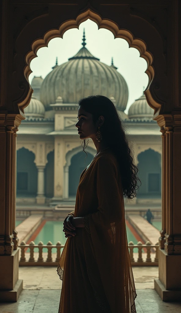 Beautiful servant bridal wearing salwaar suit, sit on charpayi in her room and baraties of old times coming on the way
