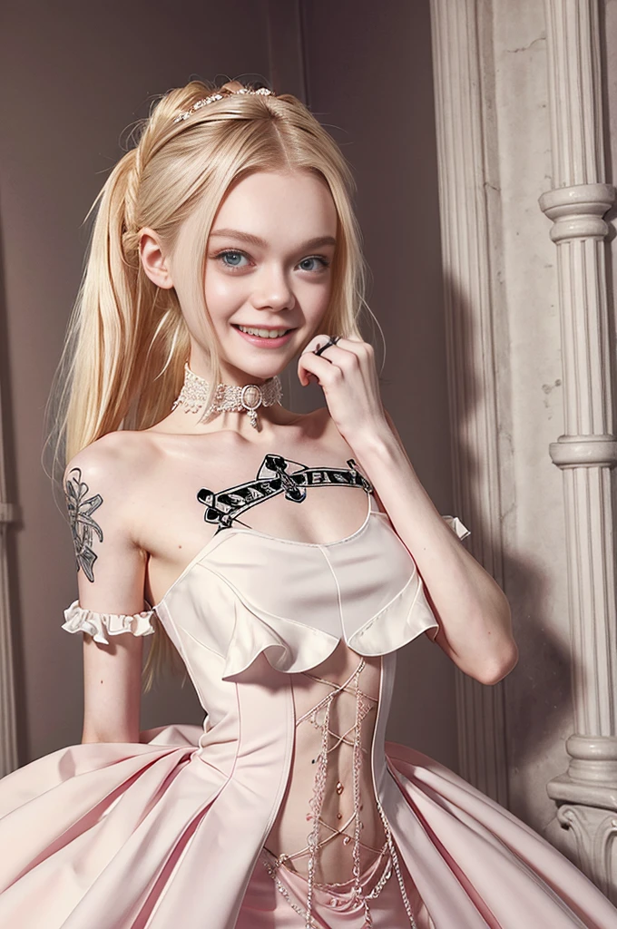 Super Skinny blonde Elle fanning, wearing pink wedding dress, she has a very long penis, she is grabbing her own penis, skull and crossbones tattoos all over her body, short hair tied up in a bun, screaming, smiling, her penis is huge, her penis is one meter long, choker, Lolita