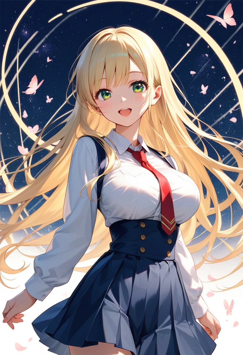 (masterpiece),(best quality),(ultra-detailed),(best illustration),(best shadow),(absurdres),(detailed background),(very aesthetic),kirino kousaka, 1girl, solo, long hair, blonde hair, green eyes,school uniforms, necktie, skirt, open mouth, seductive smile, portrait, (large breast:1.2),(round breast),(slender),(curving waist),athletic stomach