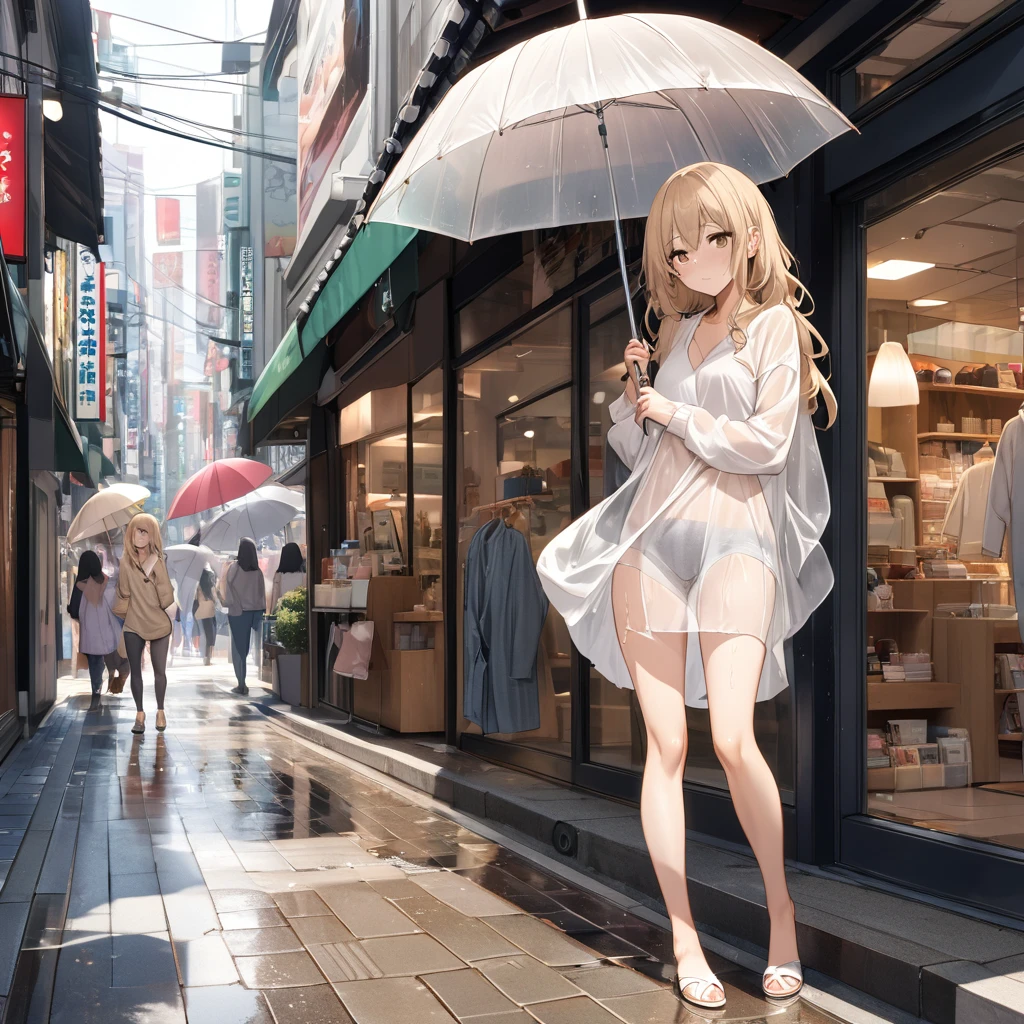1girl, solo, walking in street, raining, blue eyes, earrings, blonde hair, large breasts, long hair, looking at viewer, navel, white panties, full body, standing, parted lips, sandals, long sleeves, see-through, white shirt, wet clothes, wet skin, wet hair, bare legs
